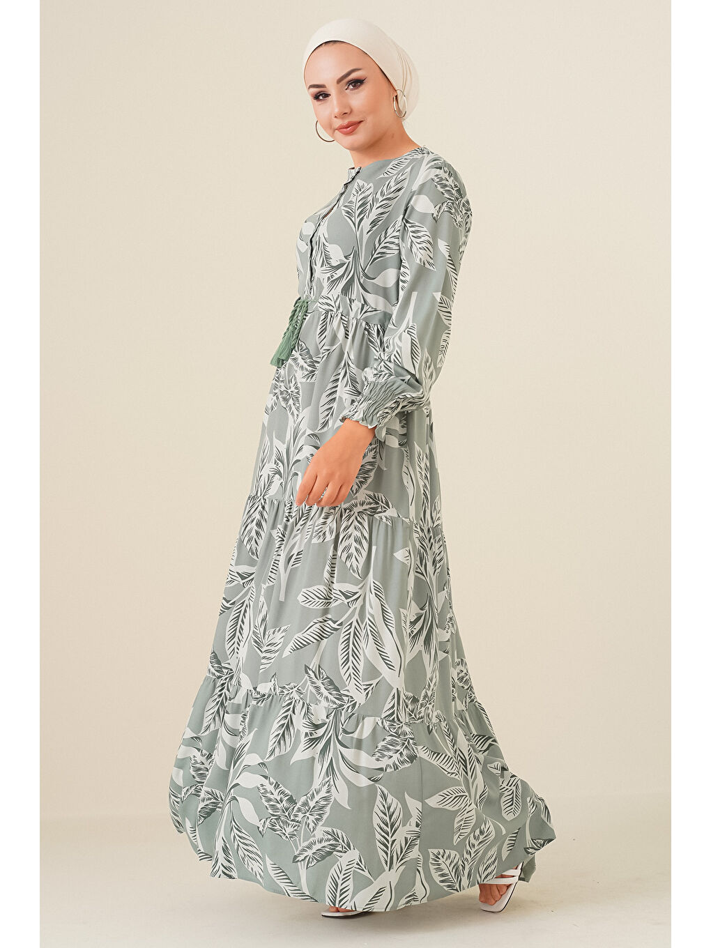 Yeşil 2145 Desenli Tesettür Elbise - Çağla-1