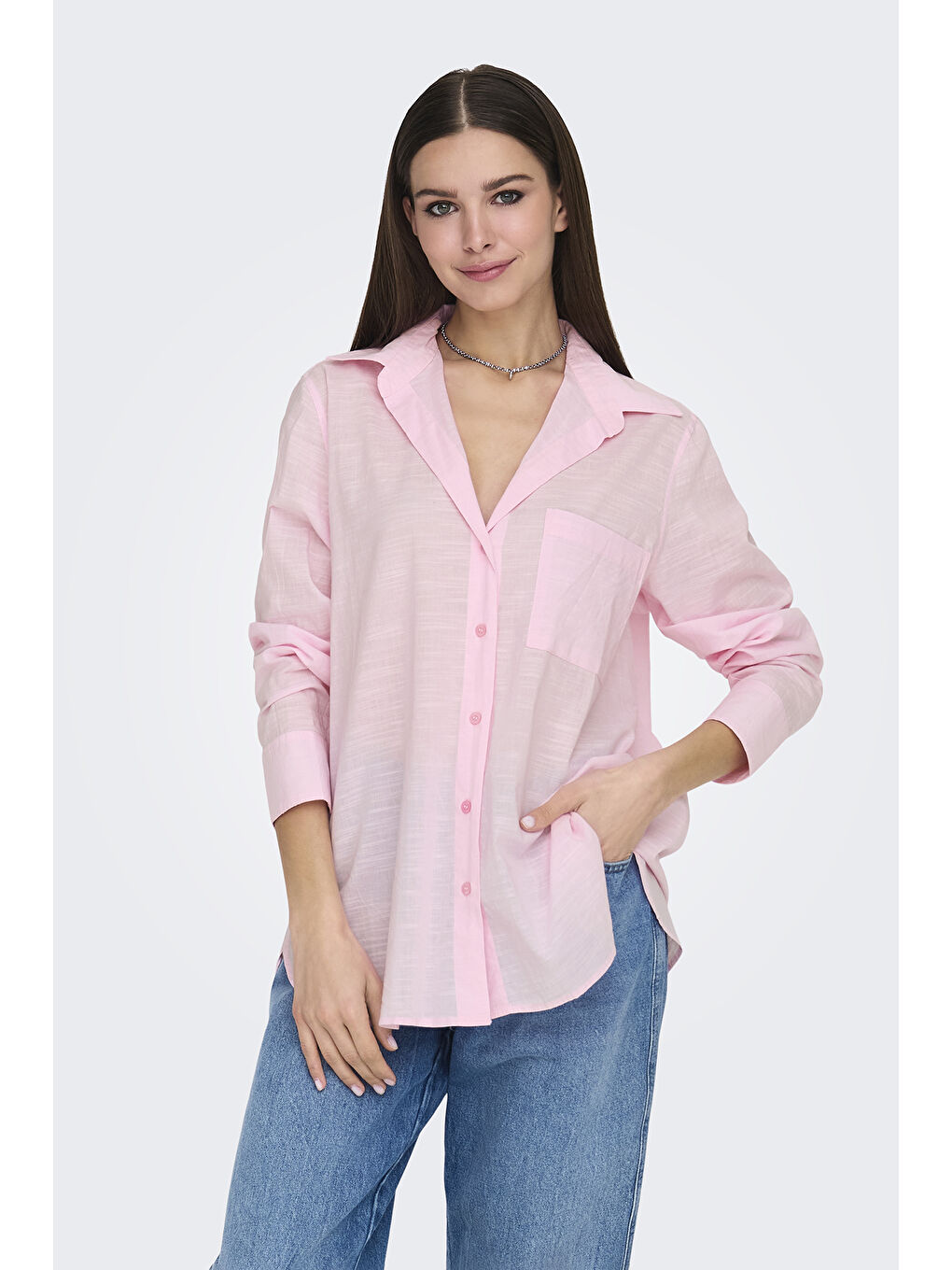 Pembe Onlsalina Pamuklu Regular Fit Klasik Yaka Tek Cepli Gömlek 15335255