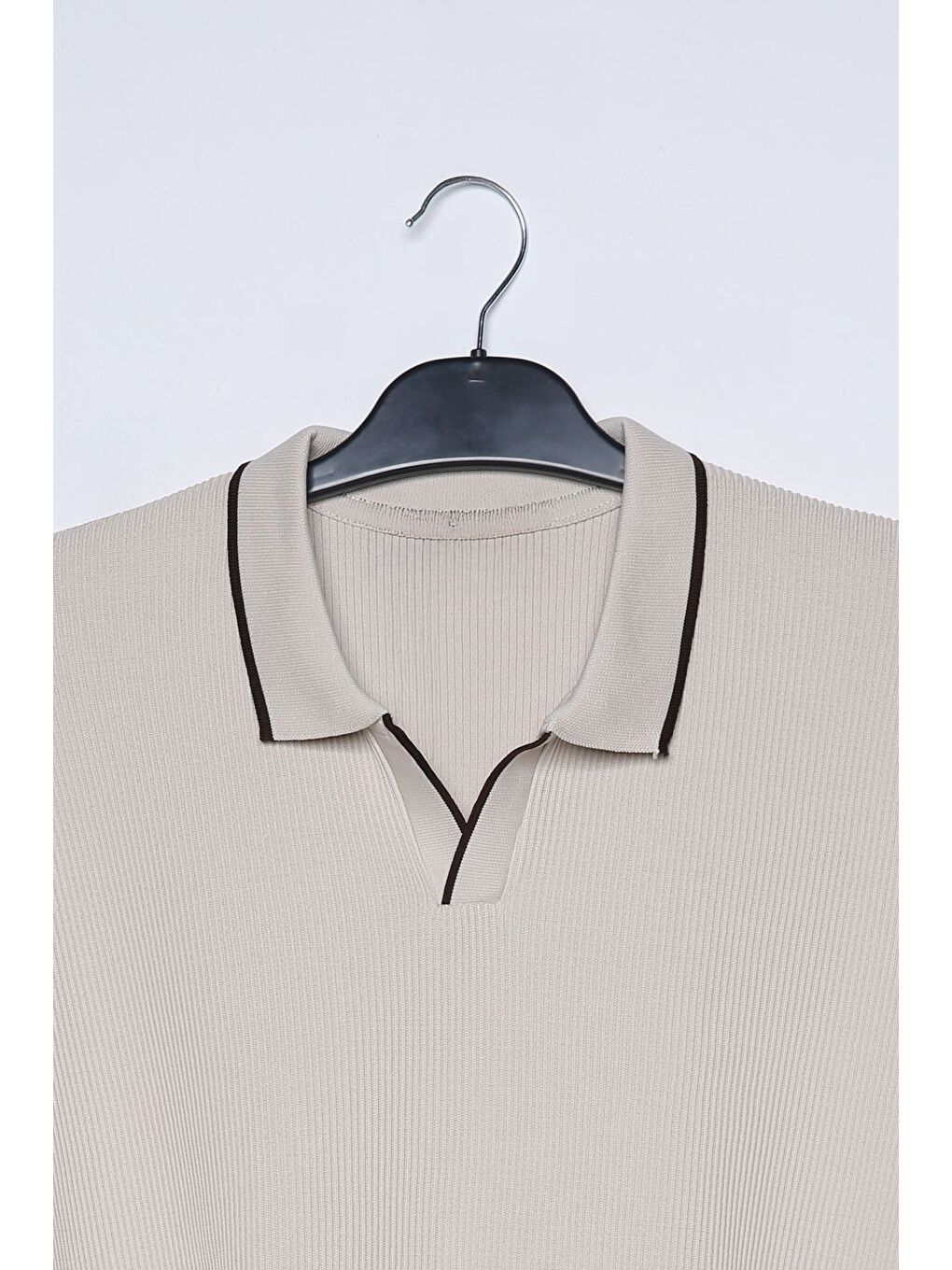 Bej Erkek Polo Yaka Kendinden Çizgi Desenli Triko Kazak-3