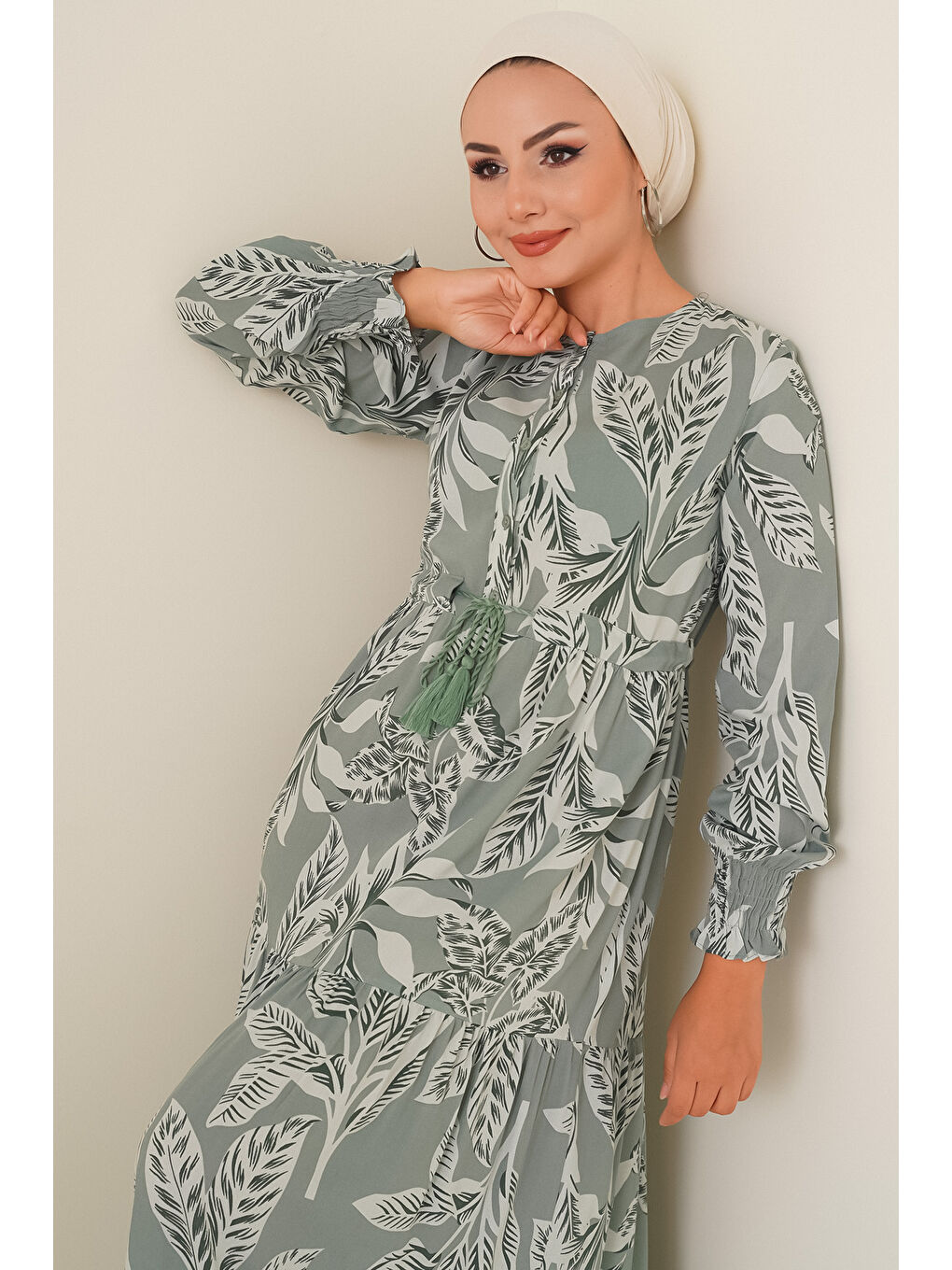 Yeşil 2145 Desenli Tesettür Elbise - Çağla-2