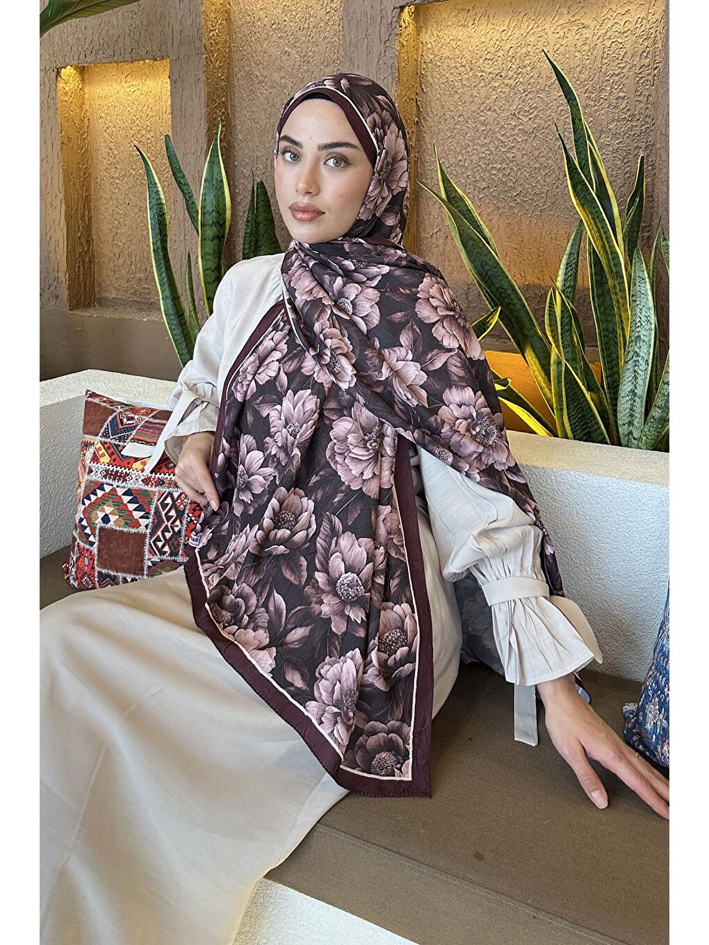 Lotus Desen Bambu Şal Koyu Bordo-1