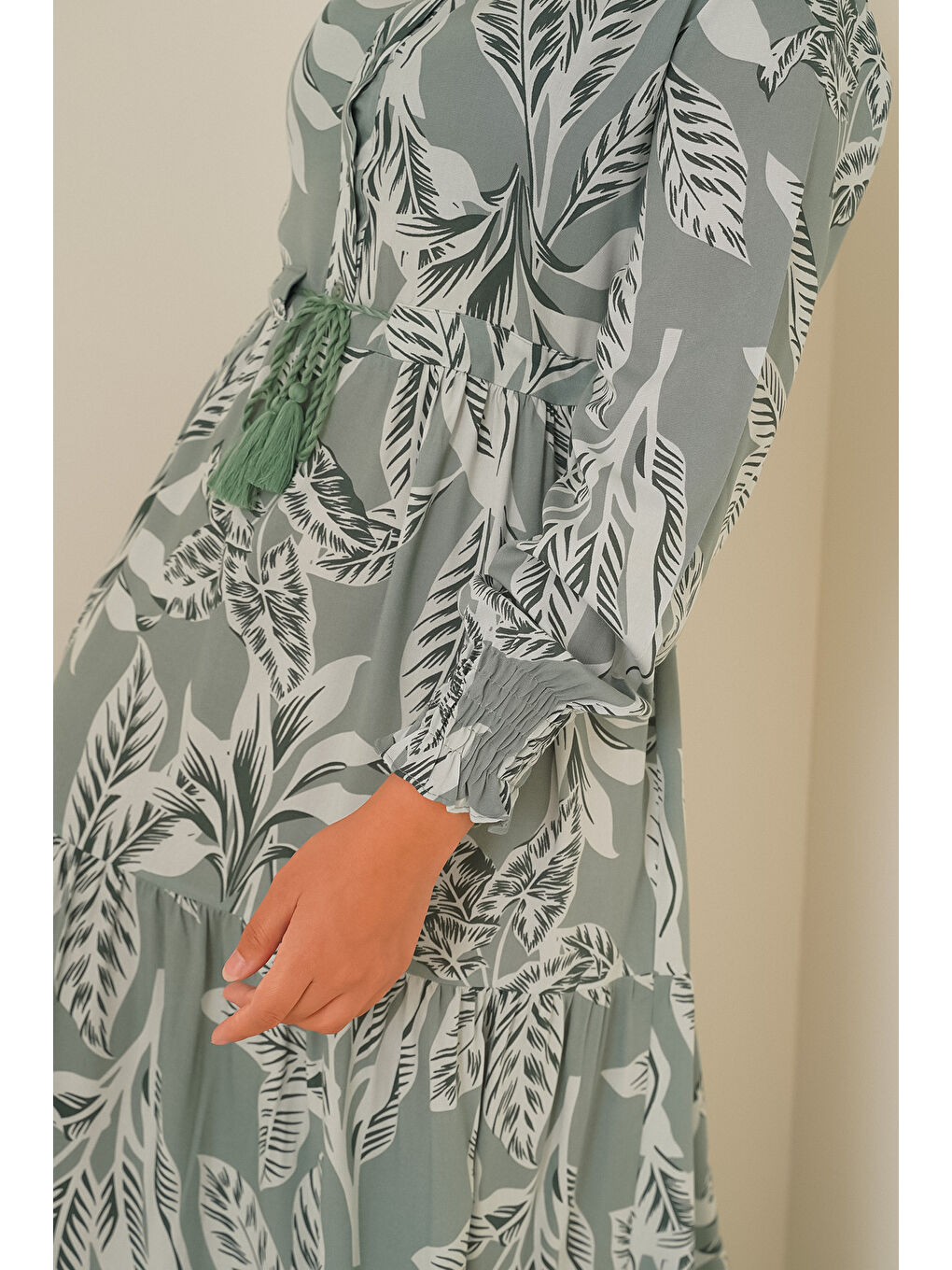 Yeşil 2145 Desenli Tesettür Elbise - Çağla-3