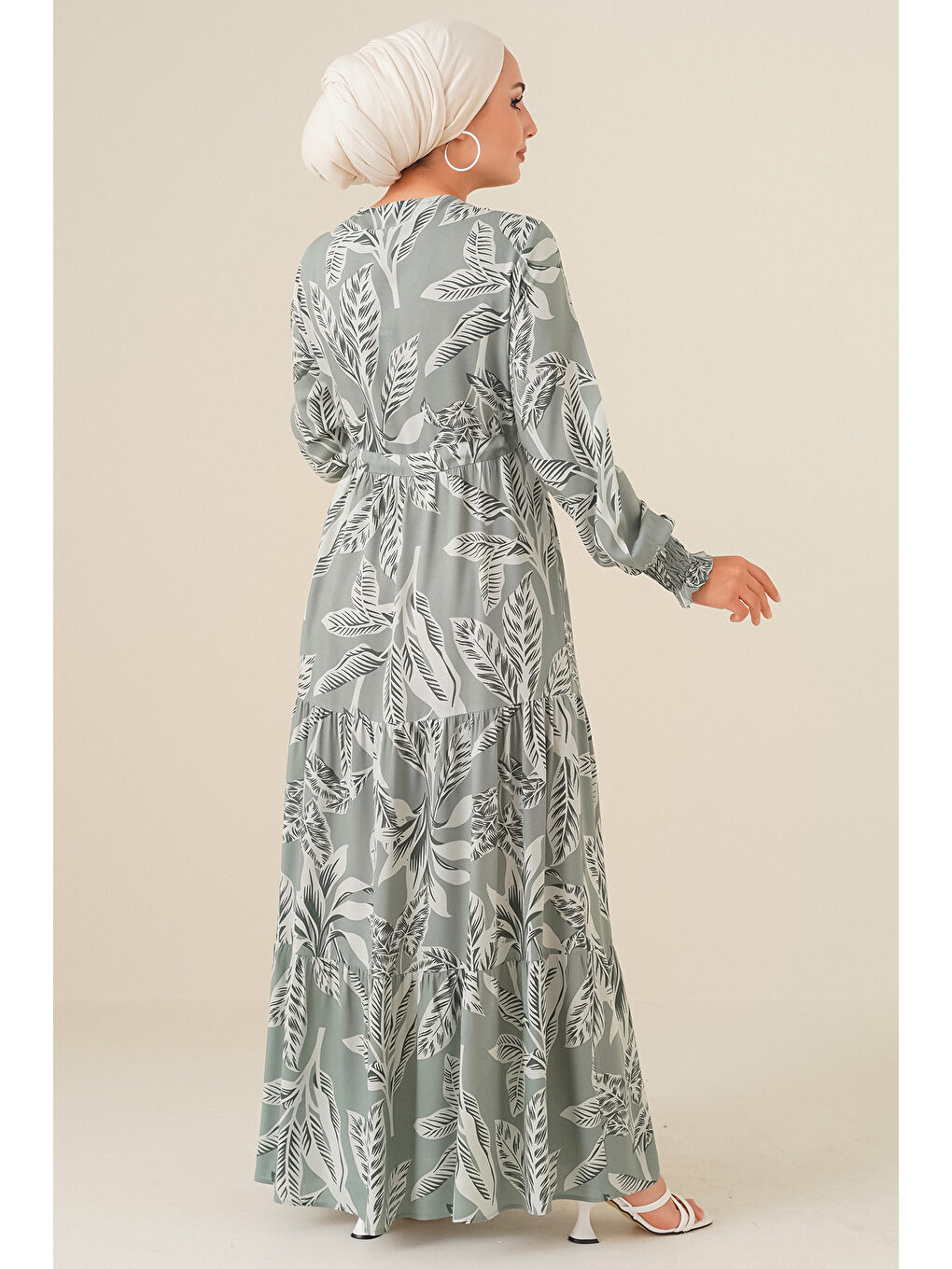 Yeşil 2145 Desenli Tesettür Elbise - Çağla-4