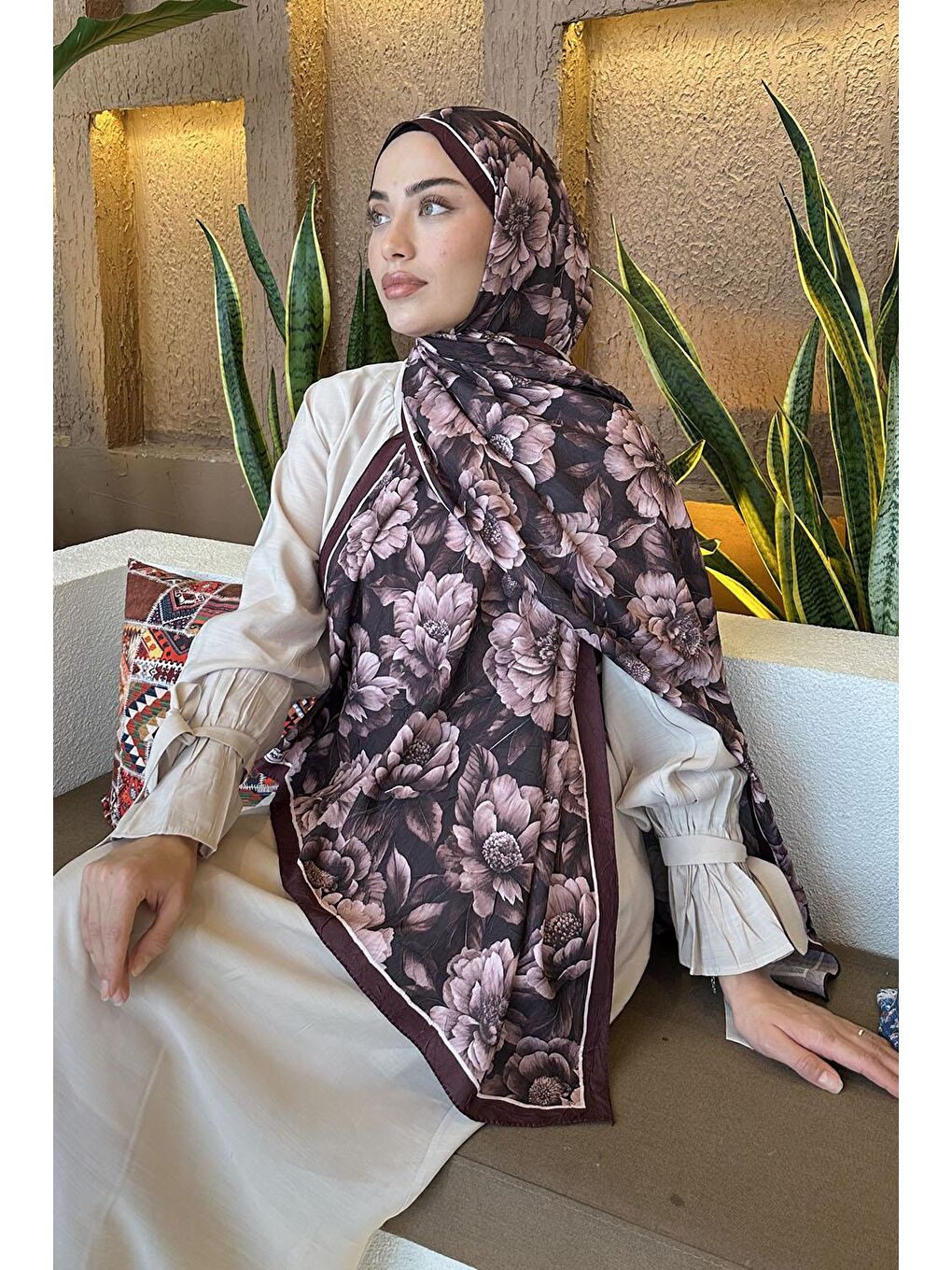 Lotus Desen Bambu Şal Koyu Bordo-2