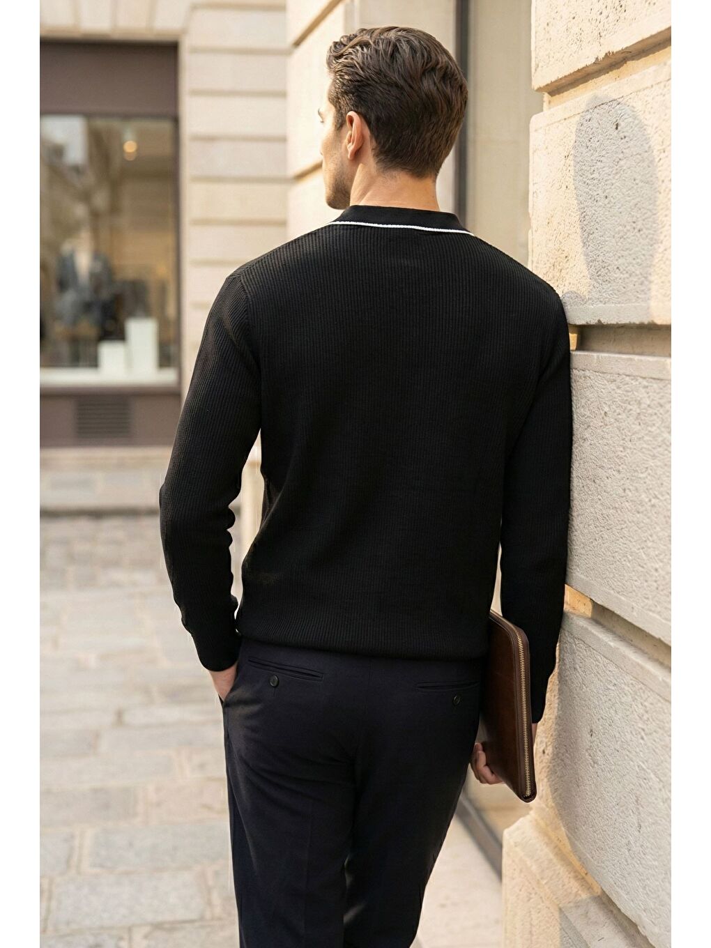 Siyah Erkek Polo Yaka Kendinden Çizgi Desenli Triko Kazak-1