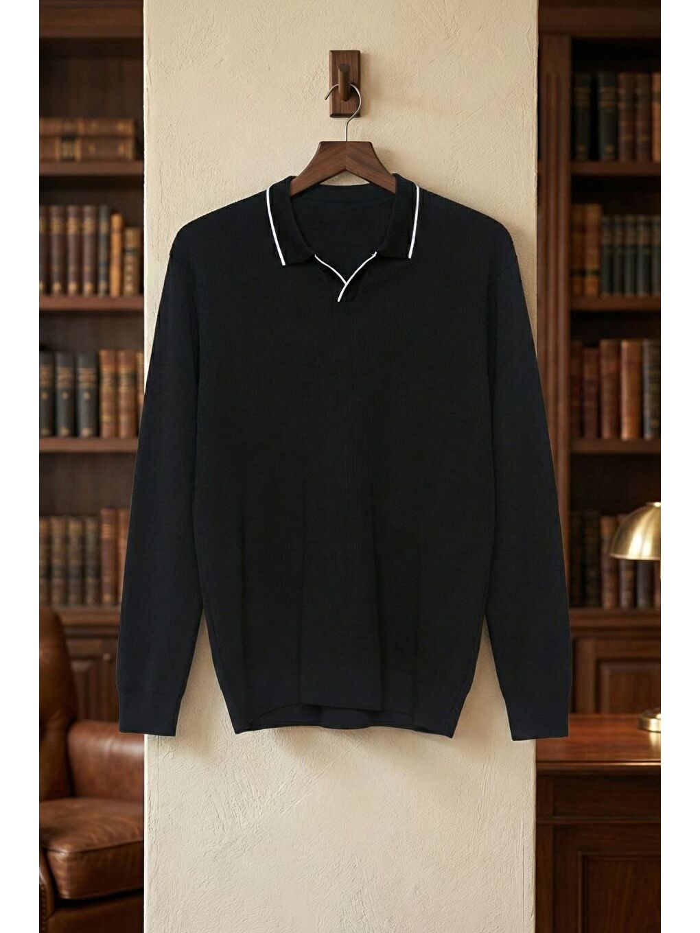 Siyah Erkek Polo Yaka Kendinden Çizgi Desenli Triko Kazak-2