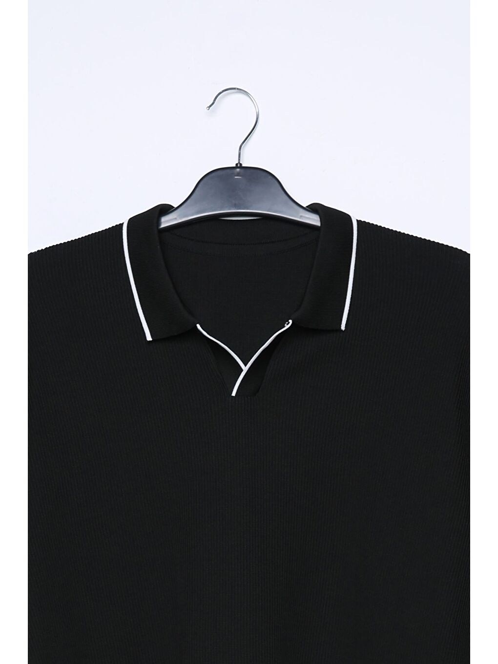 Siyah Erkek Polo Yaka Kendinden Çizgi Desenli Triko Kazak-3