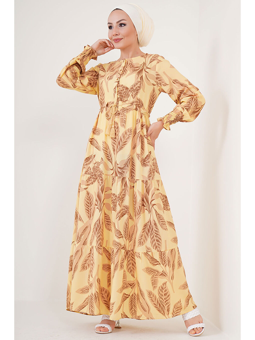 2145 Desenli Tesettür Elbise - Sarı-1