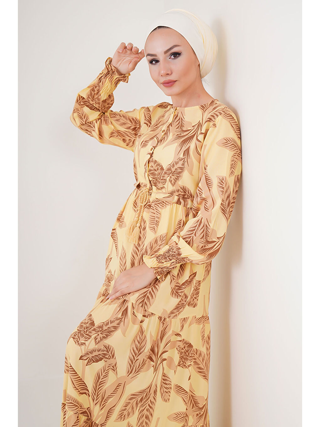 2145 Desenli Tesettür Elbise - Sarı-2