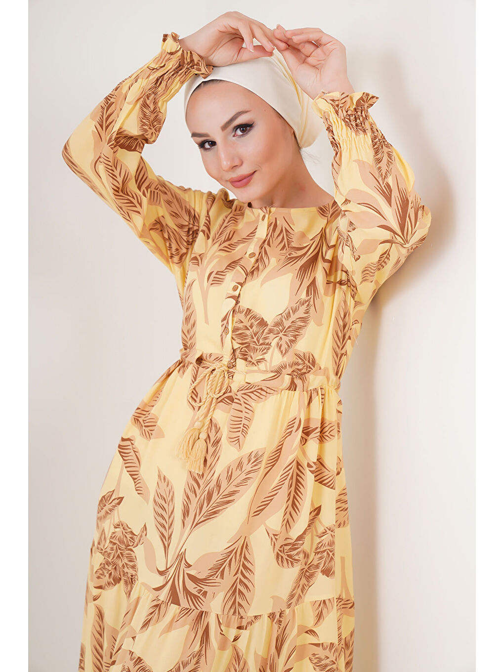 2145 Desenli Tesettür Elbise - Sarı-3