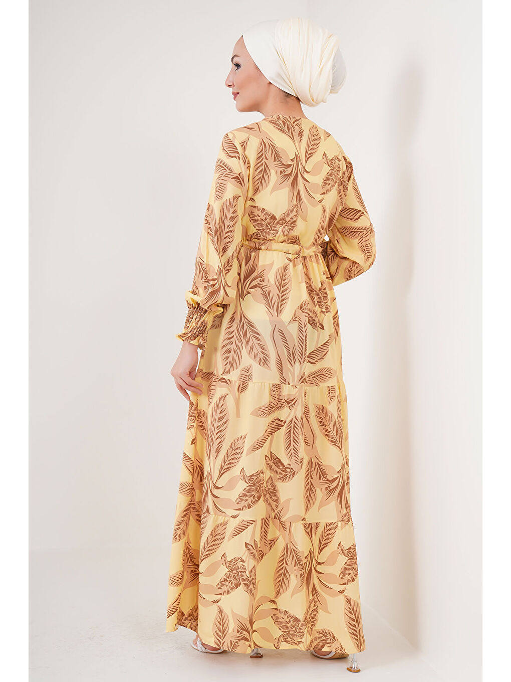 2145 Desenli Tesettür Elbise - Sarı-4