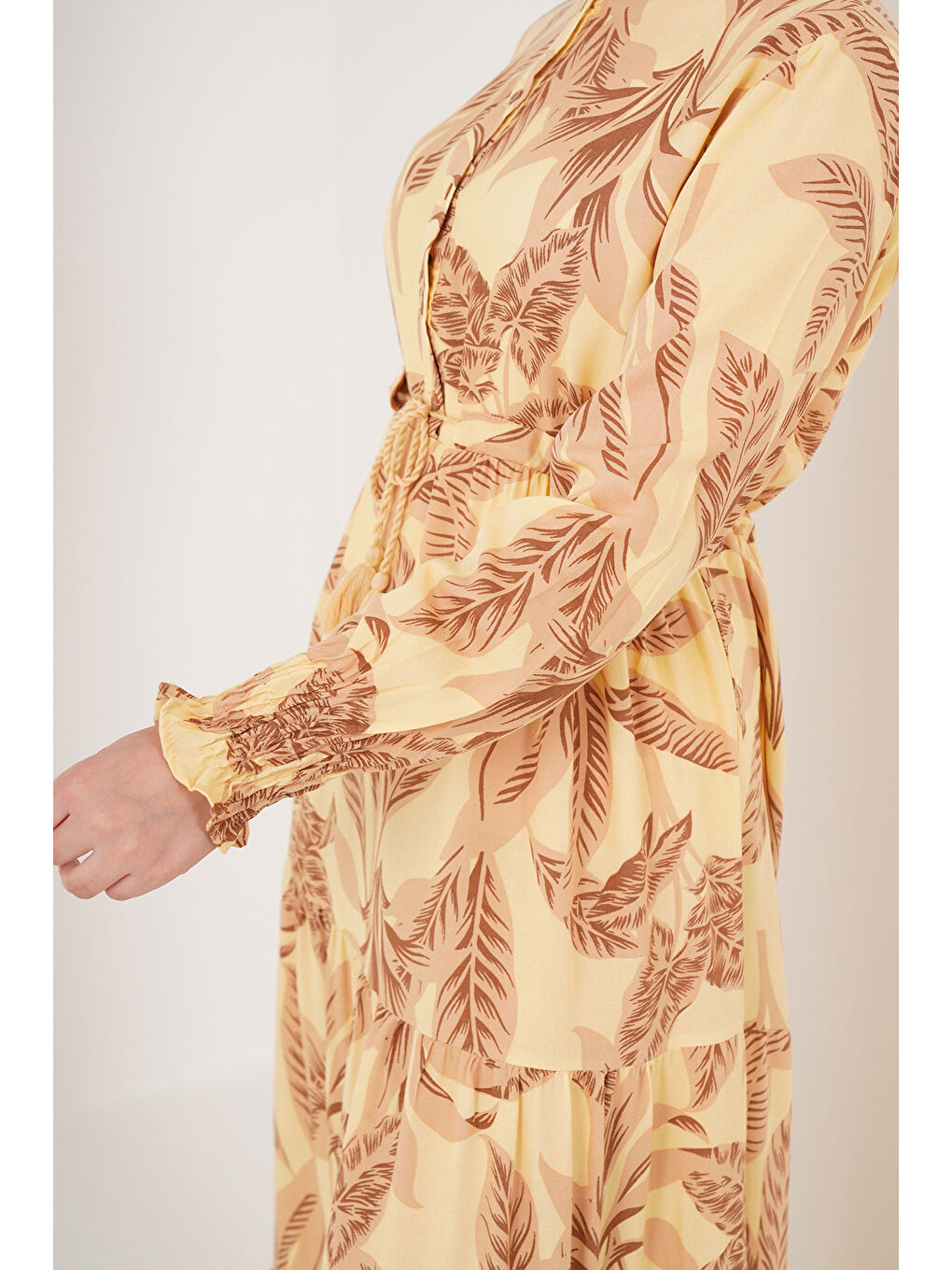 2145 Desenli Tesettür Elbise - Sarı-5