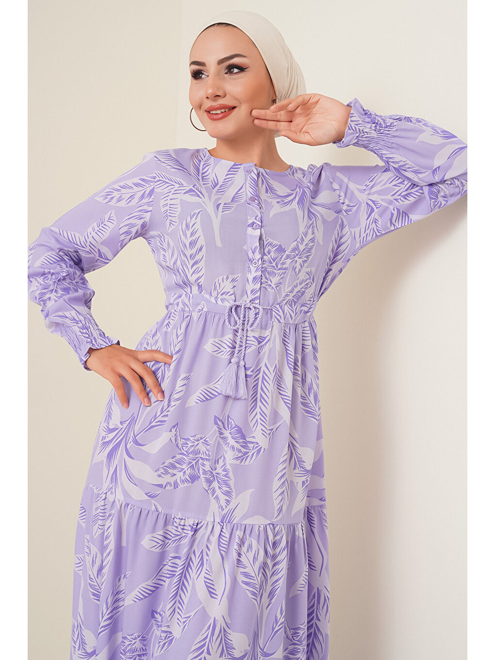2145 Desenli Tesettür Elbise - Lila-2