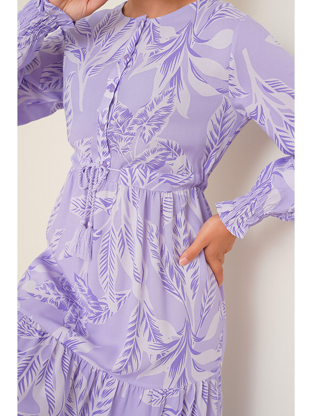 2145 Desenli Tesettür Elbise - Lila-3