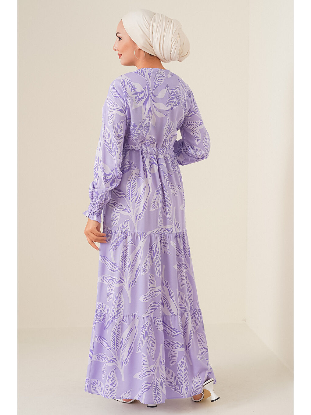 2145 Desenli Tesettür Elbise - Lila-4