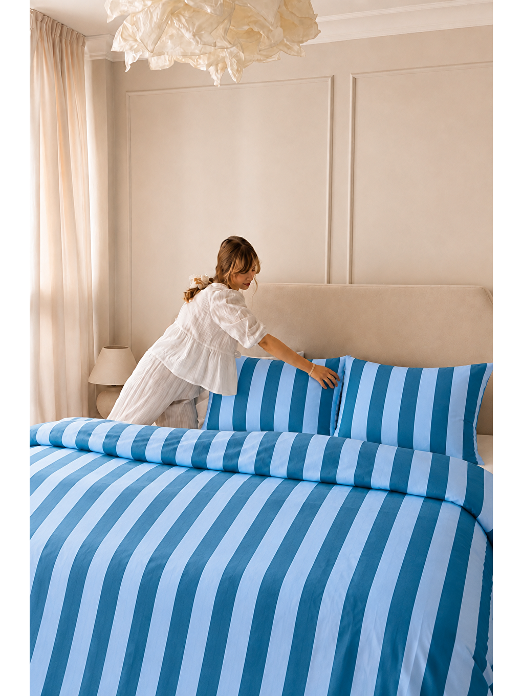 Canlı Mavi Çizgili Nevresim Seti Modern Canlı Renkli Desenli 200x220 Çift Kişilik Yorgan Kılıfı-3