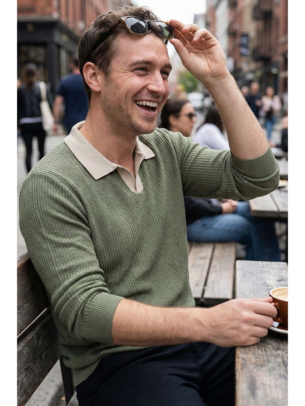 Haki Erkek Kendinden Desenli Polo Yaka Triko Kazak