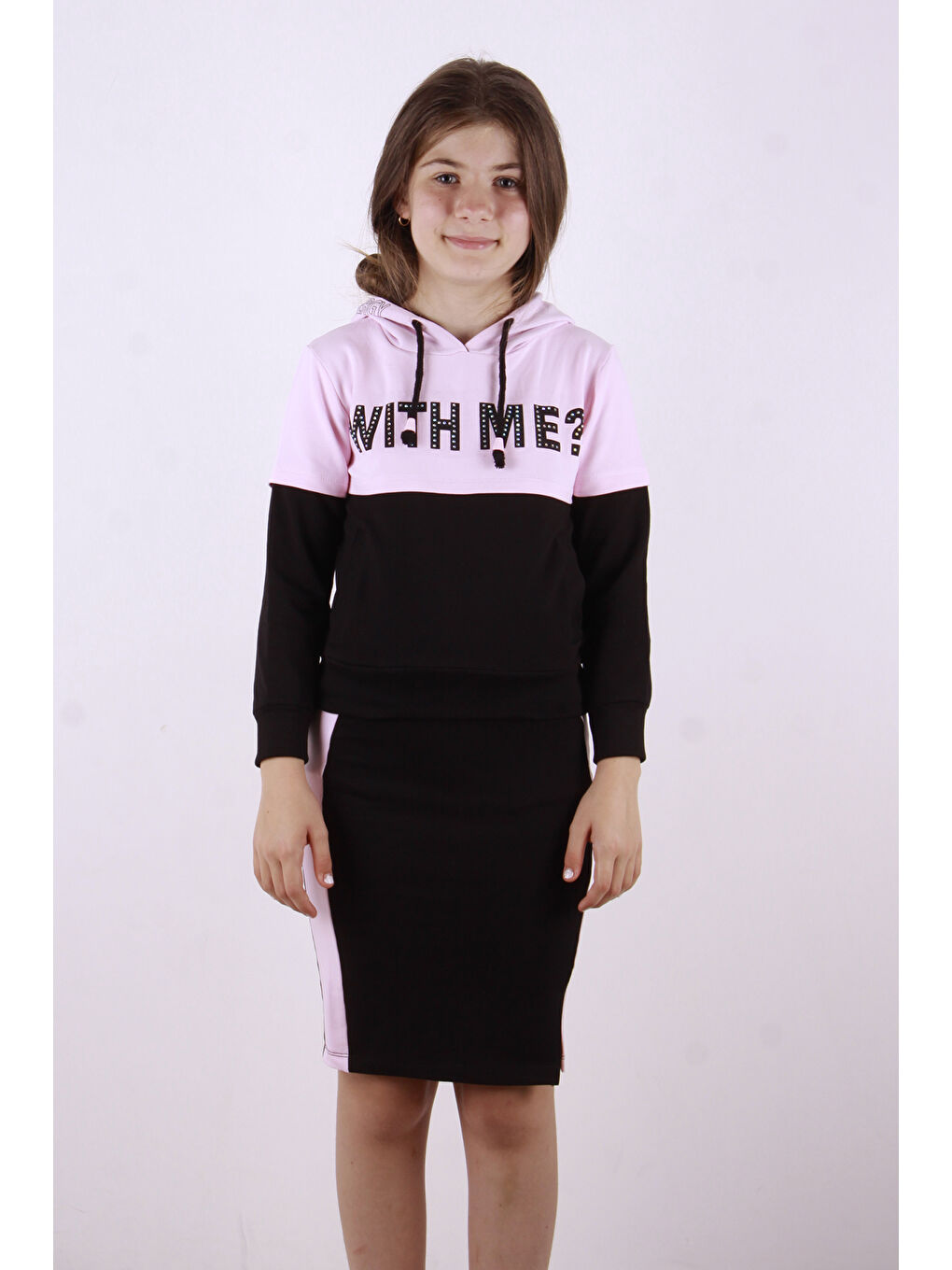 Pembe Kız Çocuk With Me? Baskılı Etekli Takım-3