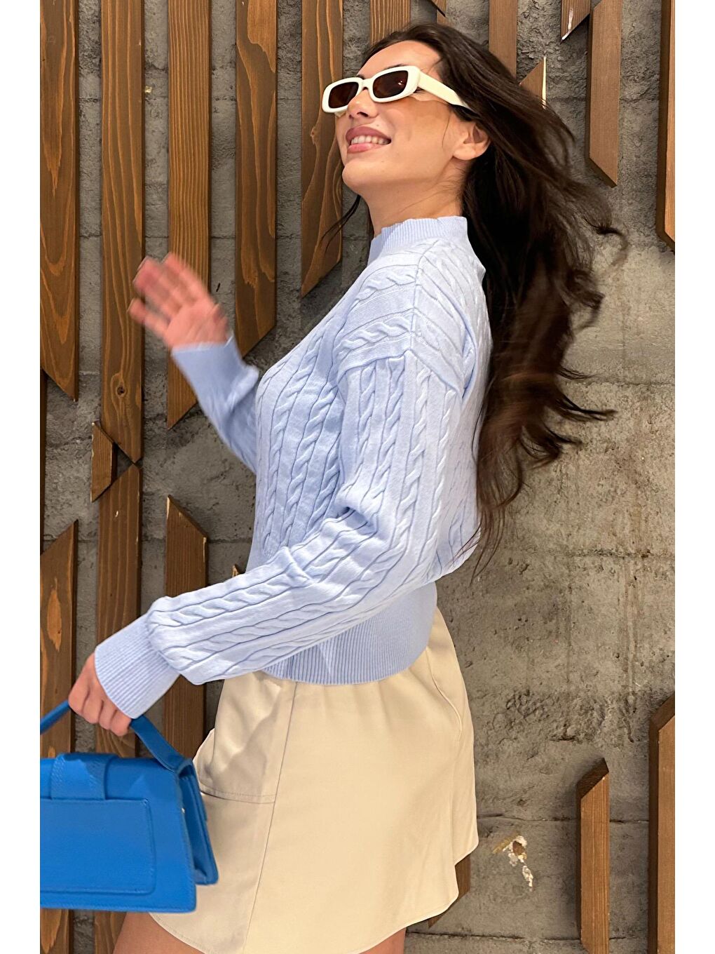 Mavi Yarım Balıkçı Yaka Örgülü Triko Kadın Kazak Mg2257-1