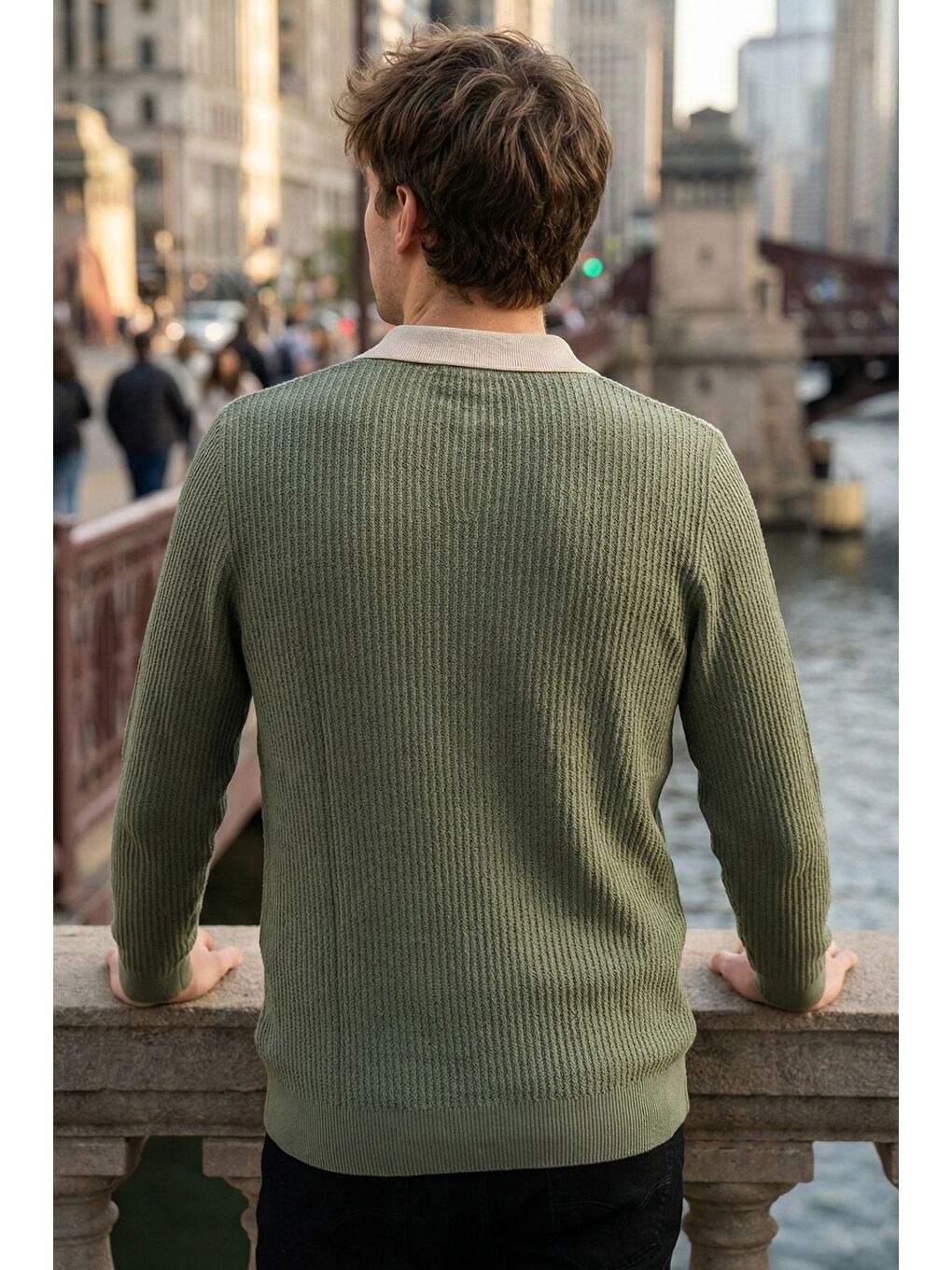 Haki Erkek Kendinden Desenli Polo Yaka Triko Kazak-1