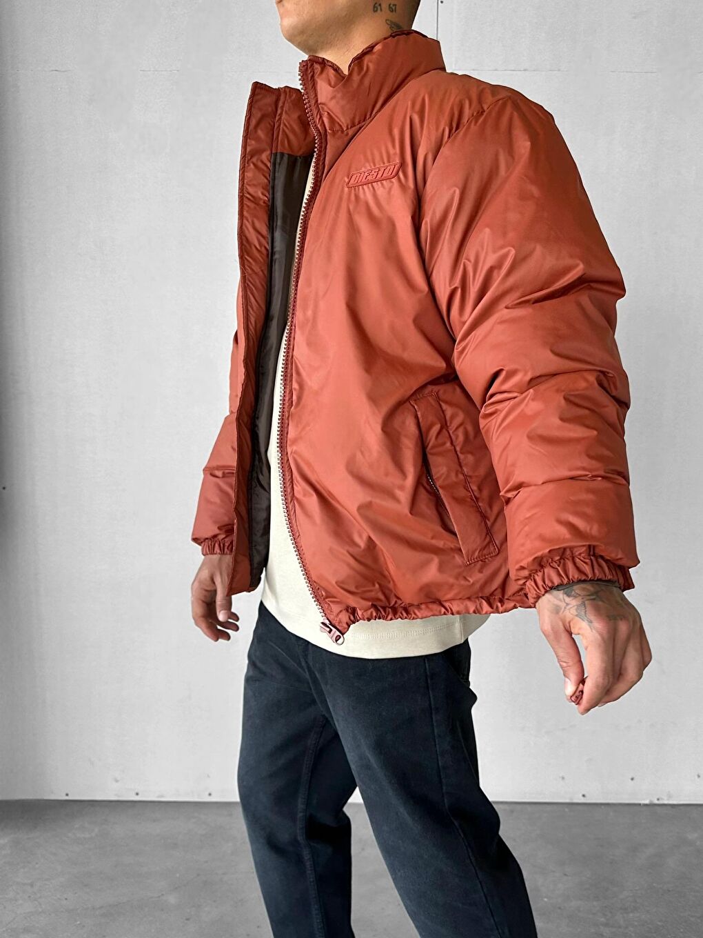 Erkek Oversize Dik Yakalı Fermuarlı Cepli Mont Turuncu-1