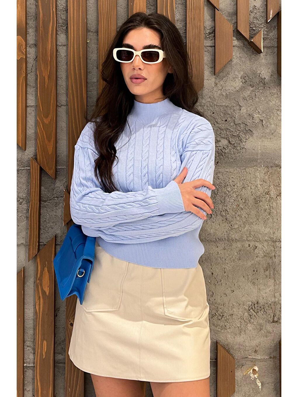 Mavi Yarım Balıkçı Yaka Örgülü Triko Kadın Kazak Mg2257-2