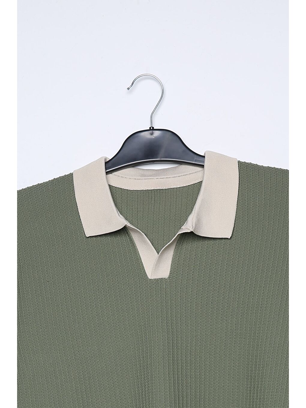 Haki Erkek Kendinden Desenli Polo Yaka Triko Kazak-3