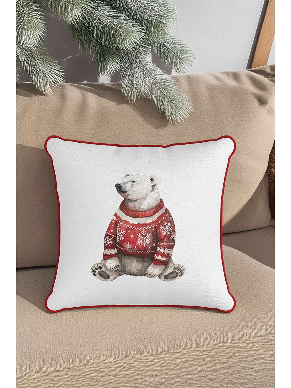 Beyaz Yılbaşı Noel Yeni Yıl Temalı Kutup Ayısı Desenli Kırmızı Biyeli Dekoratif Kırlent Kılıfı-45x45