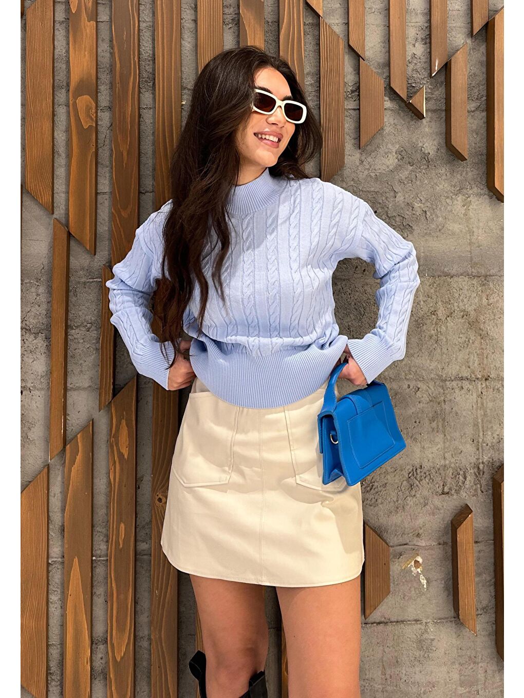 Mavi Yarım Balıkçı Yaka Örgülü Triko Kadın Kazak Mg2257-3