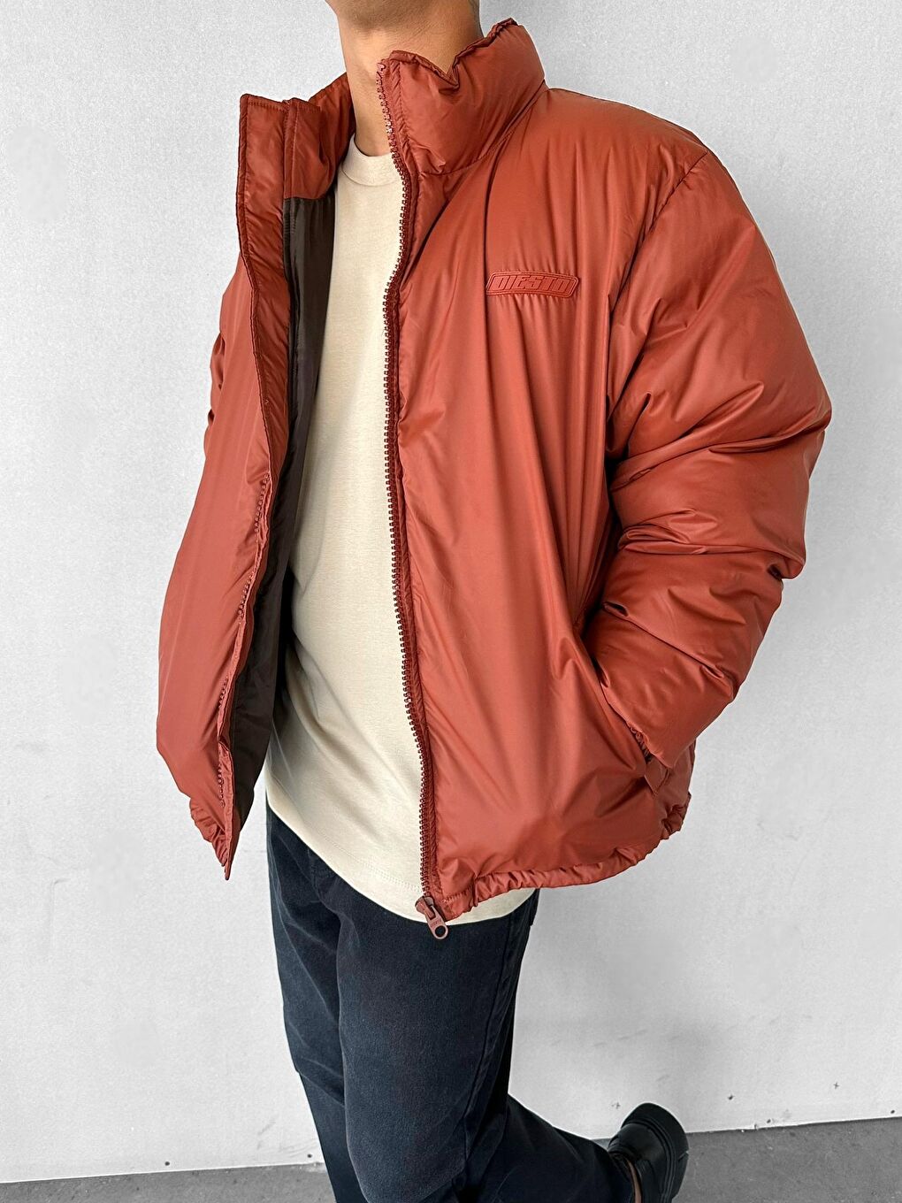 Erkek Oversize Dik Yakalı Fermuarlı Cepli Mont Turuncu-2