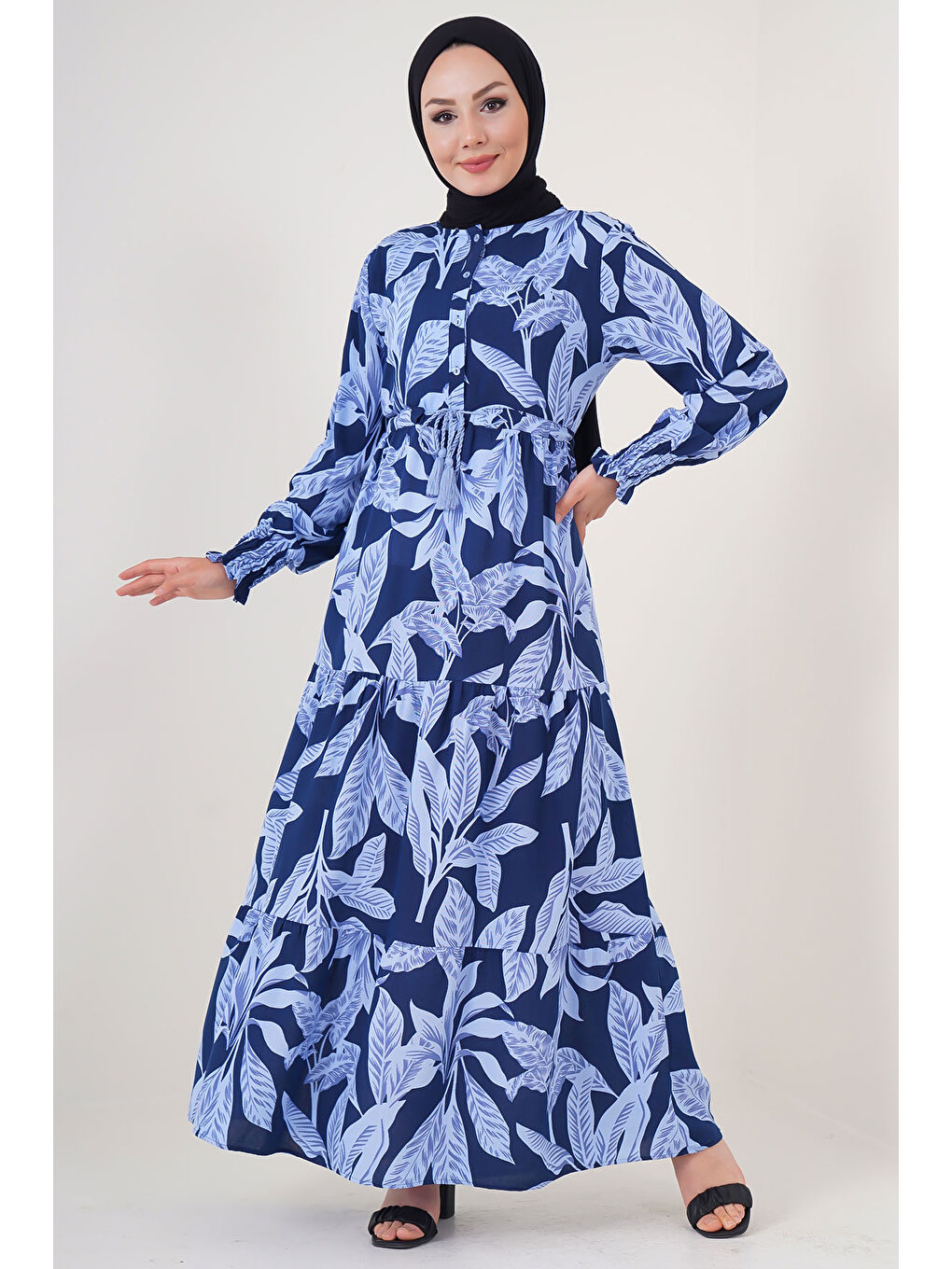 2145 Desenli Tesettür Elbise - A.Lacivert