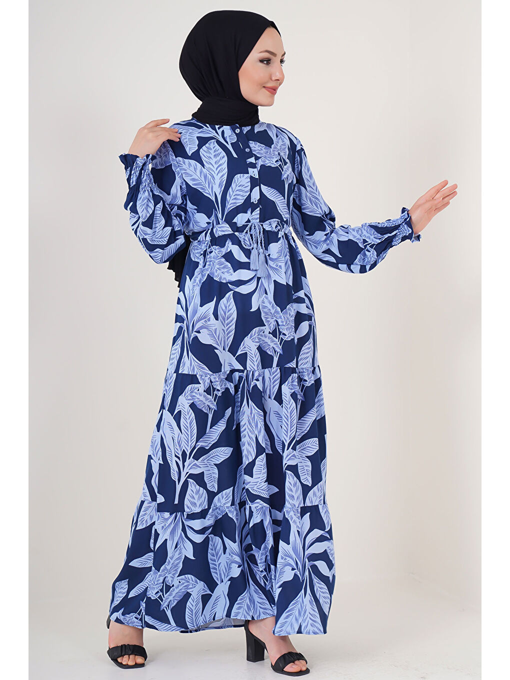 2145 Desenli Tesettür Elbise - A.Lacivert-1