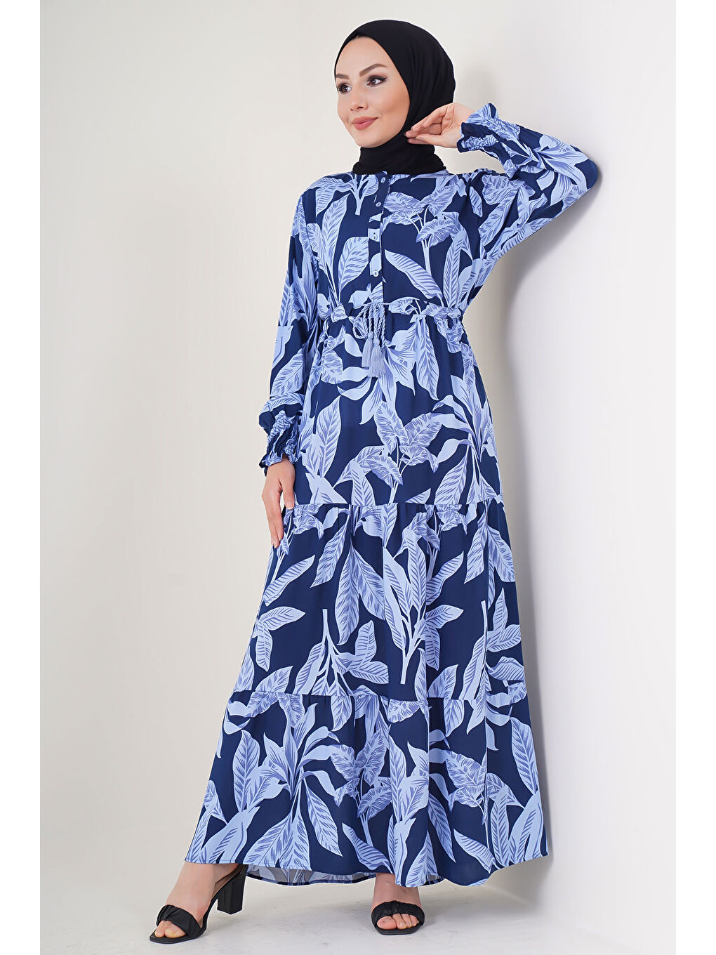 2145 Desenli Tesettür Elbise - A.Lacivert-2