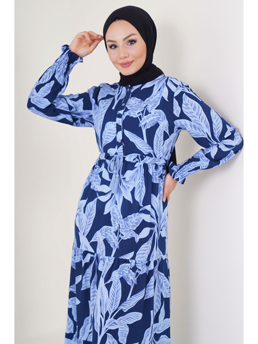 2145 Desenli Tesettür Elbise - A.Lacivert-3