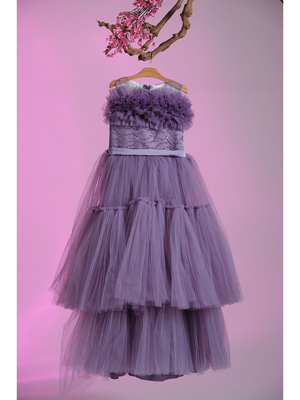 Mor Beli Taş İşlemeli Göğsünde Tül Süslemeli Kız Çocuk Abiye ABY.2303