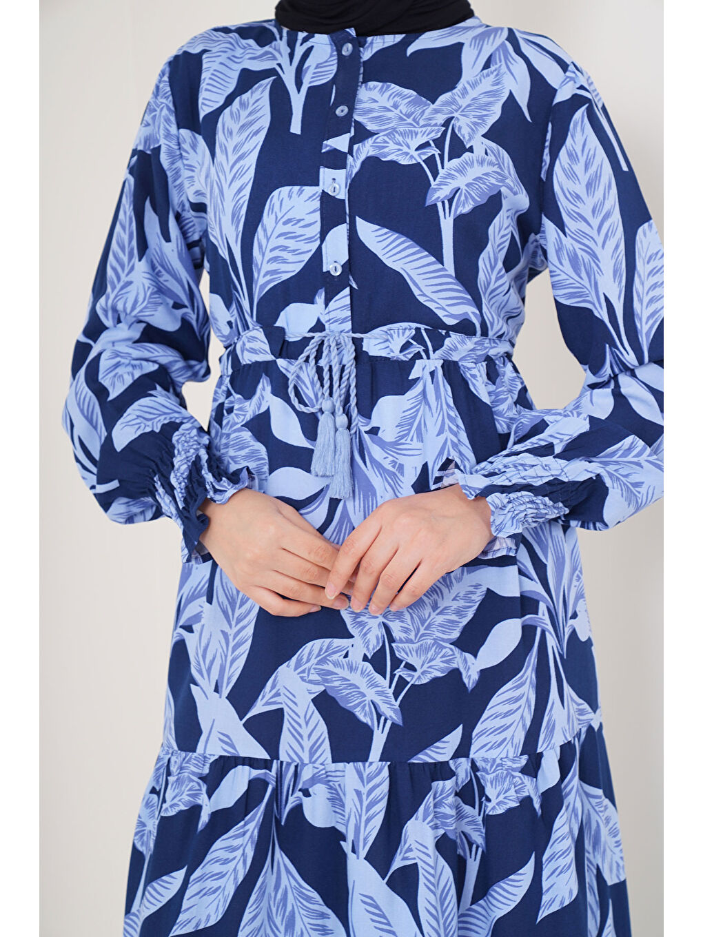 2145 Desenli Tesettür Elbise - A.Lacivert-4