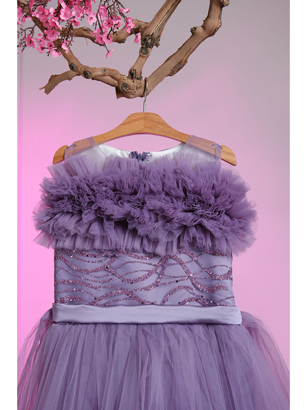 Mor Beli Taş İşlemeli Göğsünde Tül Süslemeli Kız Çocuk Abiye ABY.2303-1