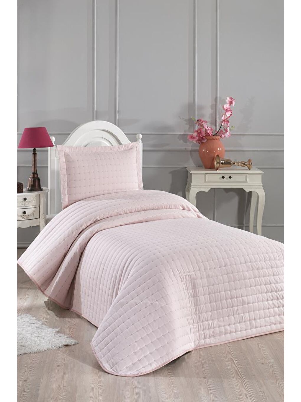 Pembe Dublin Tek Kişilik Kapitoneli Yatak Örtüsü Pudra