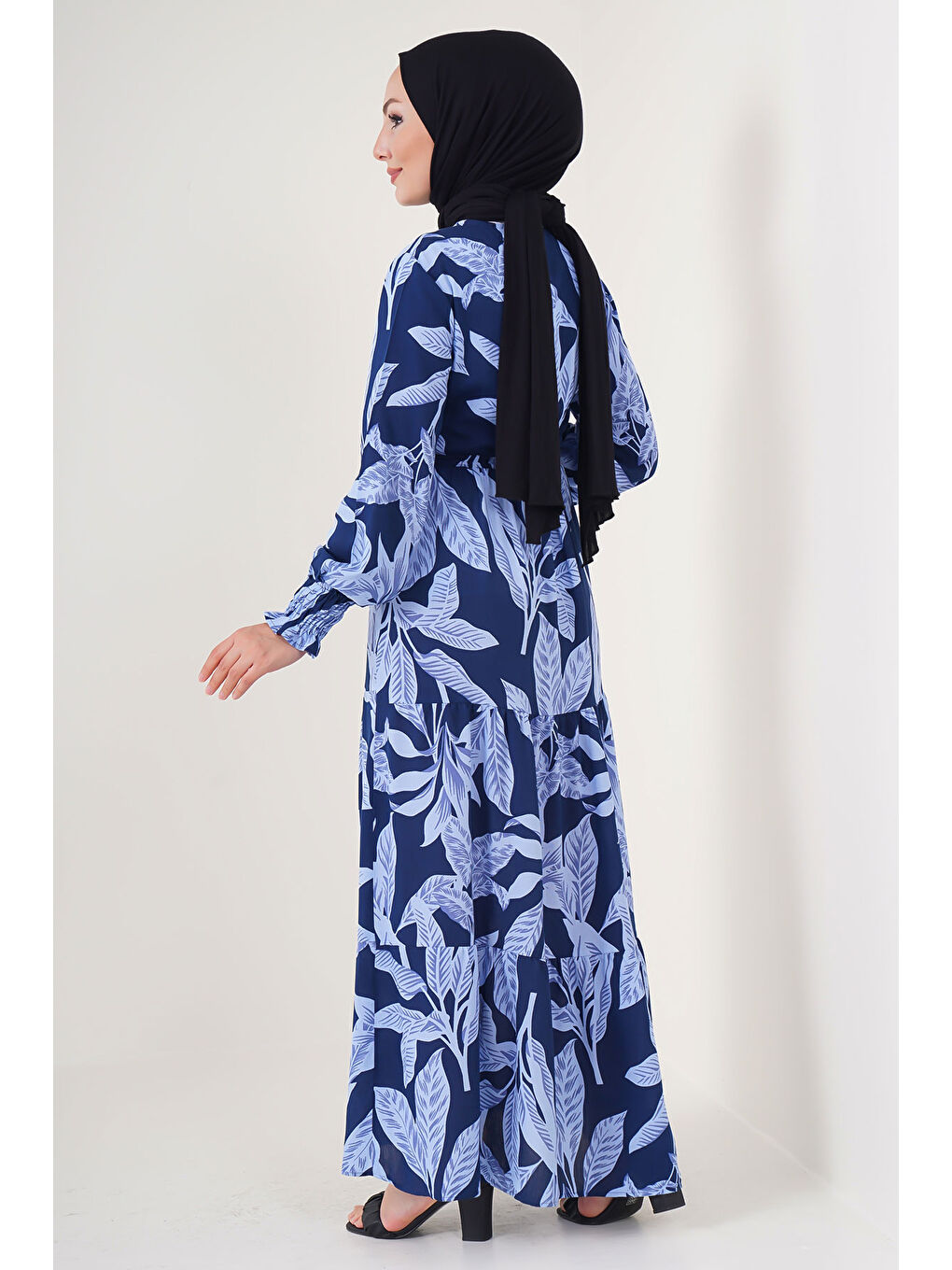 2145 Desenli Tesettür Elbise - A.Lacivert-5