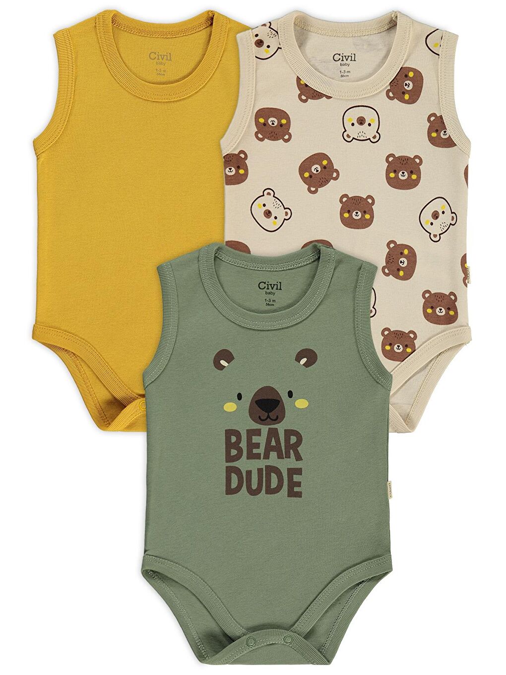 Baby Ayıcık Empirmeli 3 Lü 0-36 Ay Çıtçıtlı Badi - Bej 6-9 Ay