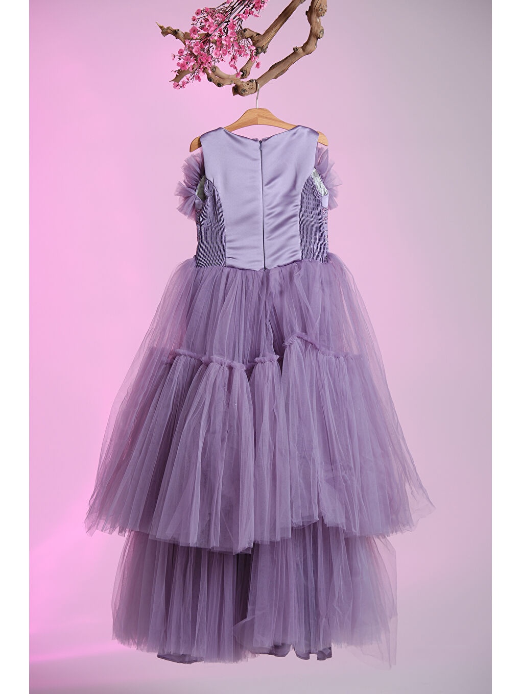 Mor Beli Taş İşlemeli Göğsünde Tül Süslemeli Kız Çocuk Abiye ABY.2303-3