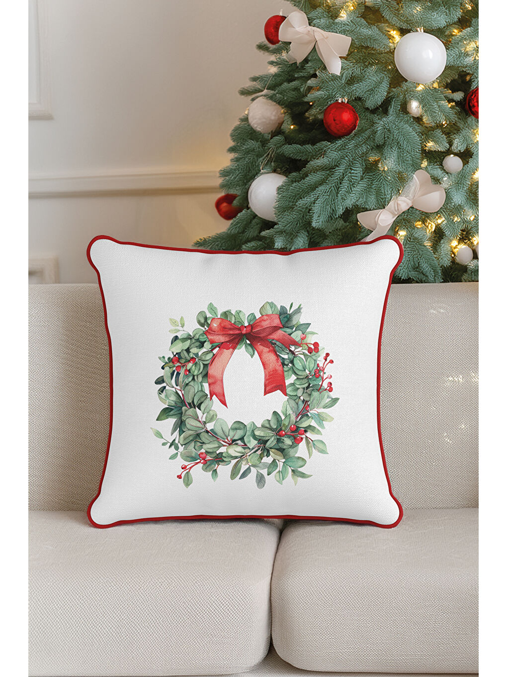 Beyaz Yılbaşı Noel Yeni Yıl Temalı Kokina Çiçek Kurdele Desenli Kırmızı Biyeli Kırlent Kılıfı-45x45