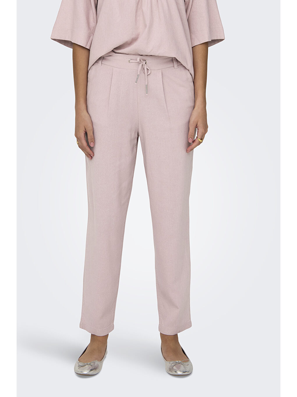 Pembe Onlcaro-Poptrash Keten Karışımlı Comfort Fit Normal Bel Düz Paça Pantolon 15278710