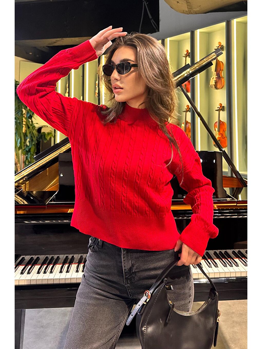 Kırmızı Yarım Balıkçı Yaka Örgülü Triko Kadın Kazak Mg2257-5