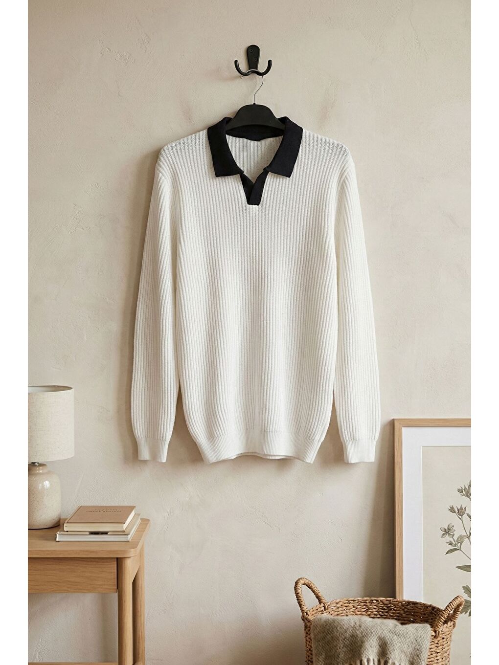 Beyaz Erkek Kendinden Desenli Polo Yaka Triko Kazak-2