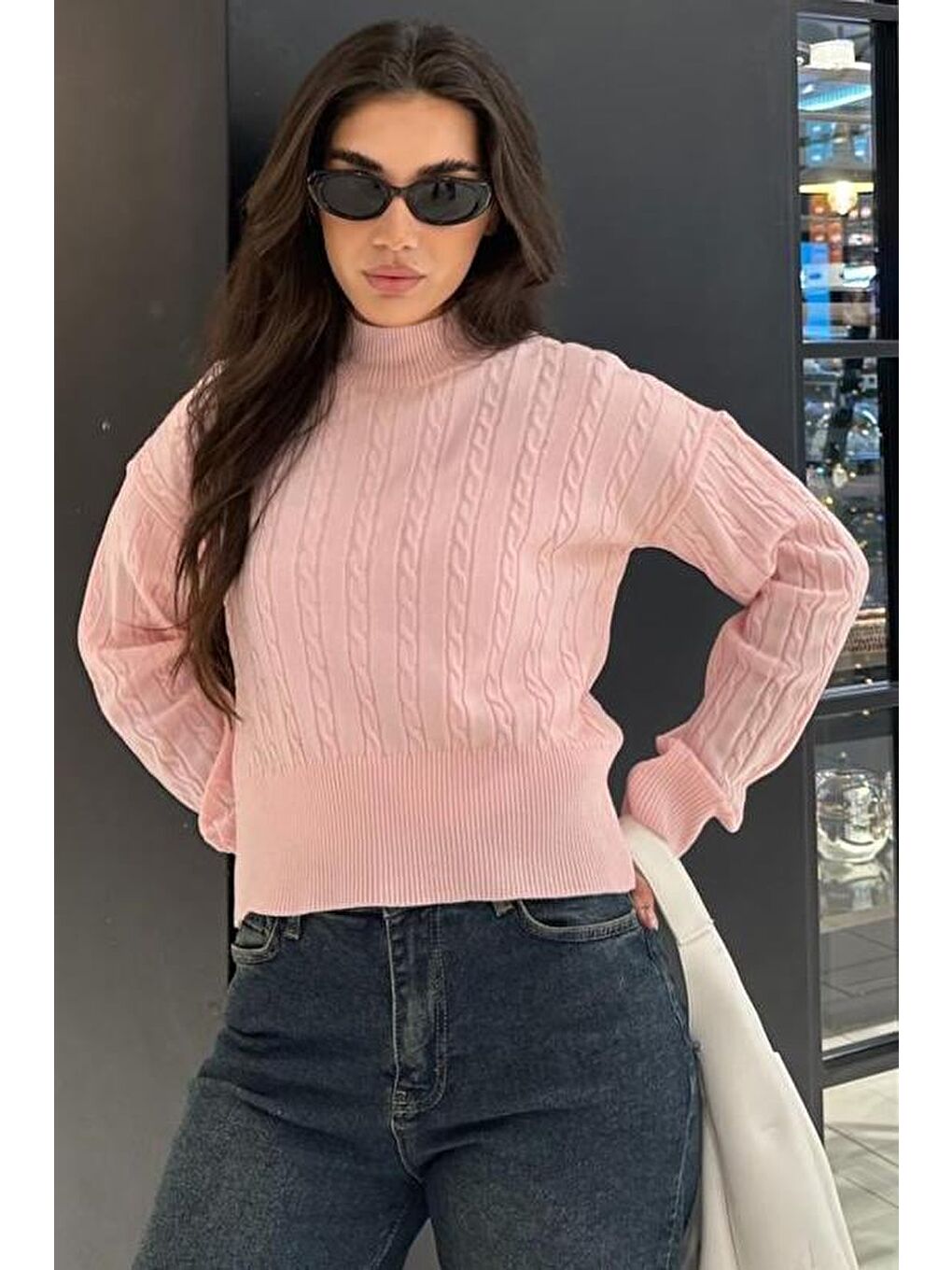 Pembe Yarım Balıkçı Yaka Örgülü Triko Kadın Kazak Mg2257