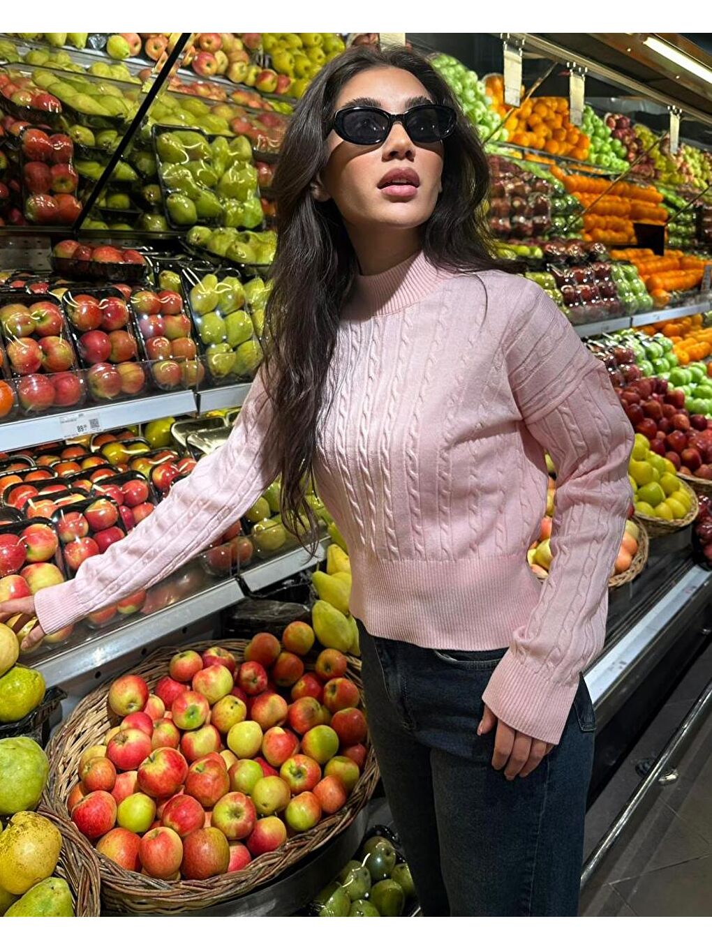 Pembe Yarım Balıkçı Yaka Örgülü Triko Kadın Kazak Mg2257-1