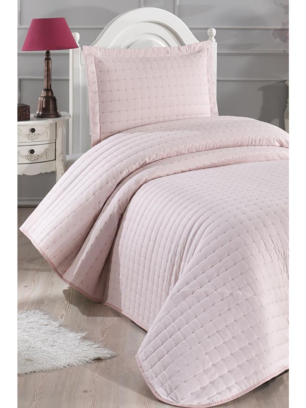 Pembe Dublin Tek Kişilik Kapitoneli Yatak Örtüsü Pudra-1