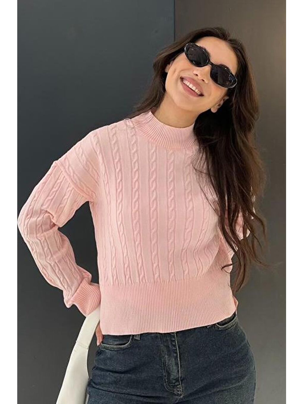 Pembe Yarım Balıkçı Yaka Örgülü Triko Kadın Kazak Mg2257-2