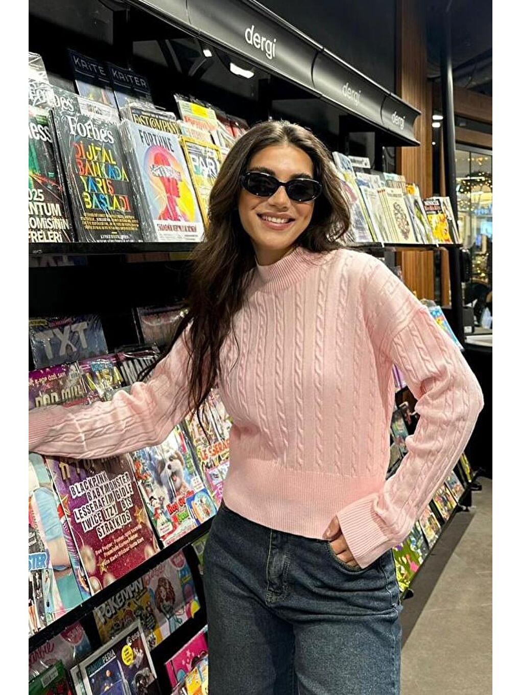 Pembe Yarım Balıkçı Yaka Örgülü Triko Kadın Kazak Mg2257-3